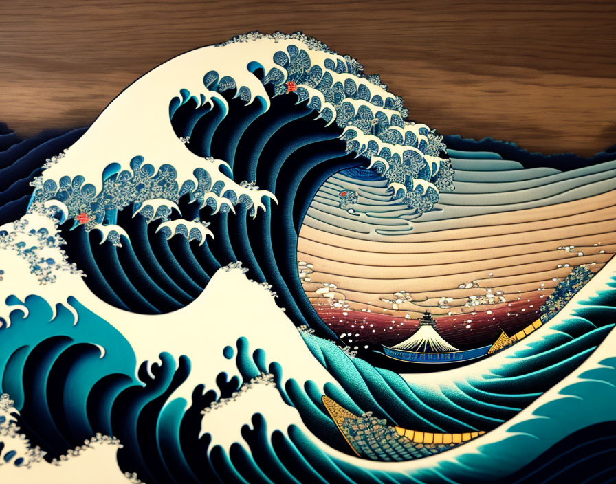 Stylized large blue wave cresting with boat on golden water