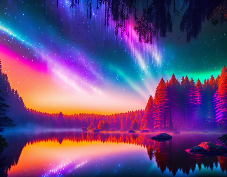 Serene lake with forest silhouette under aurora night sky