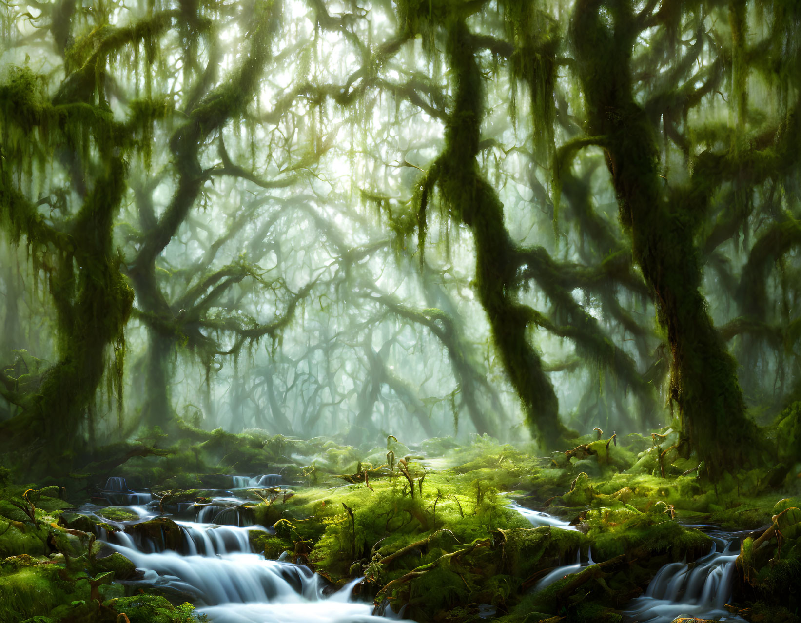 Sunlit moss-covered forest with serene brook.