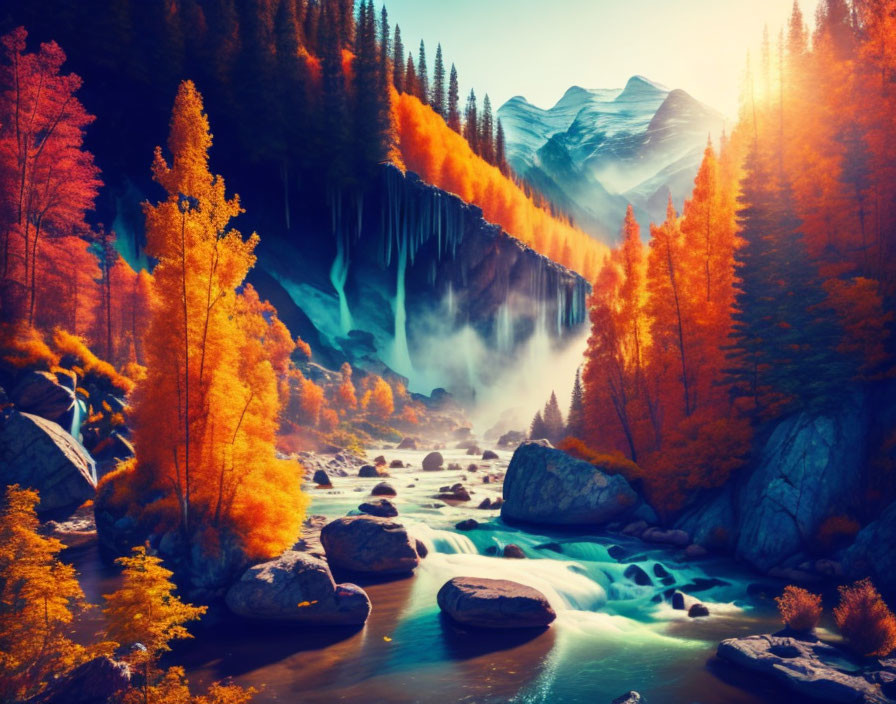 Vibrant Autumn Forest with Waterfall and River Scenery