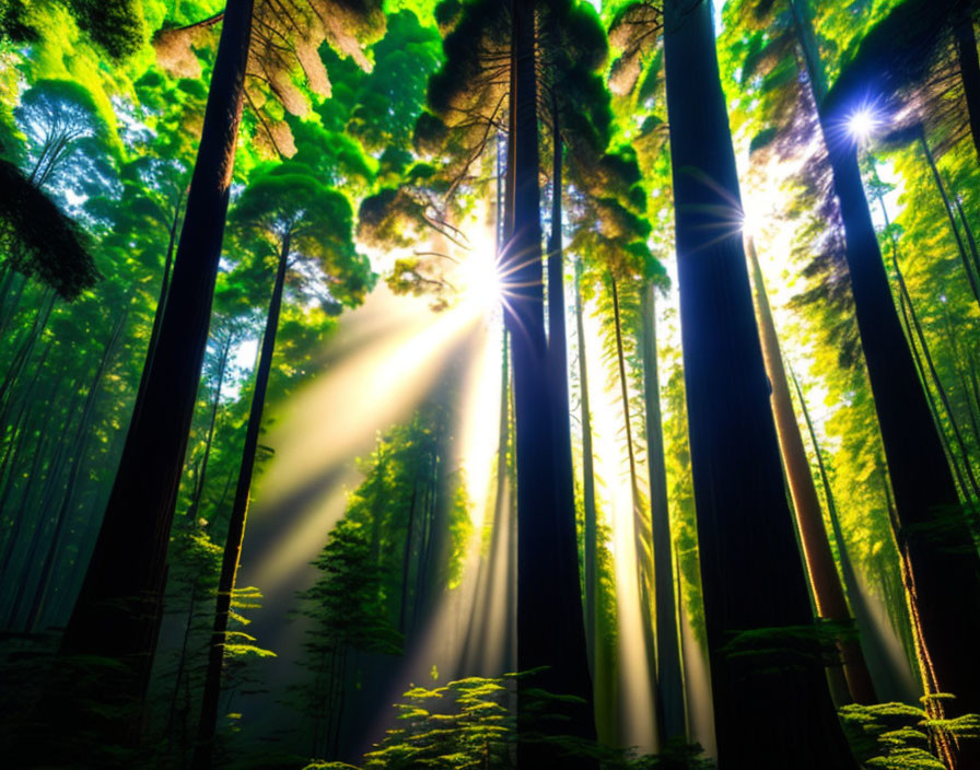 Forest sunlight through dense canopy: tall, straight tree trunks & beams of light.