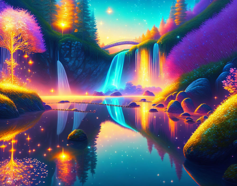 Fantasy landscape with glowing waterfall, radiant trees, reflective river, and arching bridge.