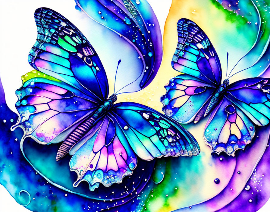 Colorful watercolor painting of blue and purple butterflies on abstract background