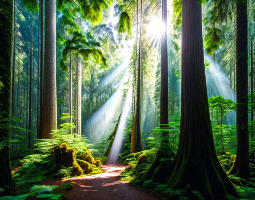 Misty forest scene with sunbeams and lush greenery