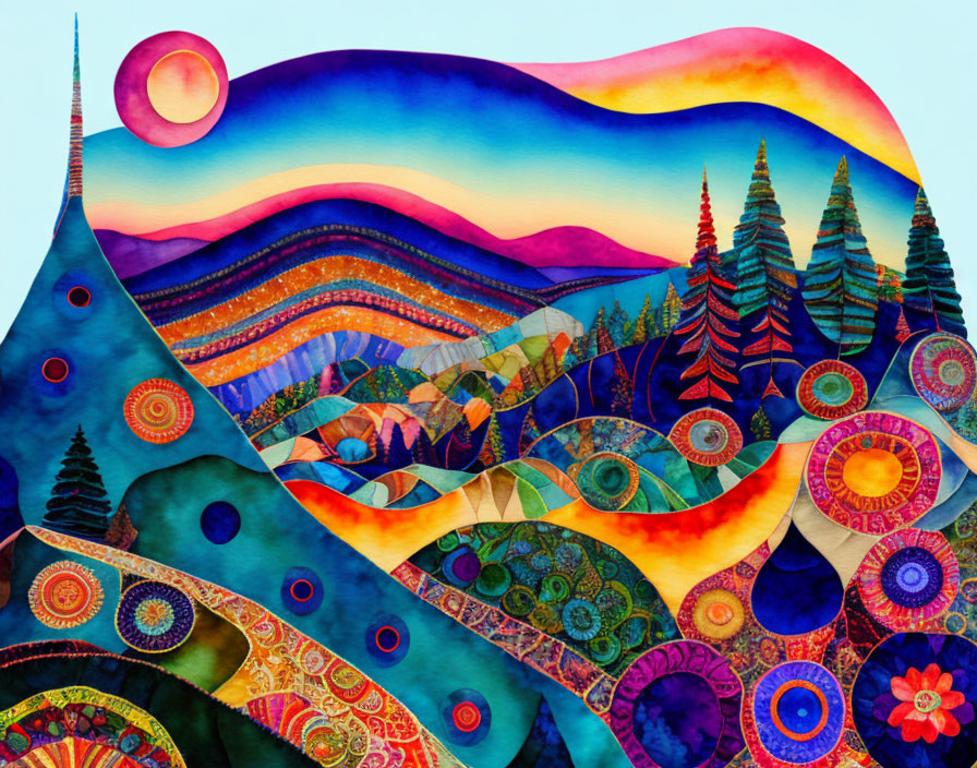 Colorful rolling hills, patterned trees, crescent moon in starry sky