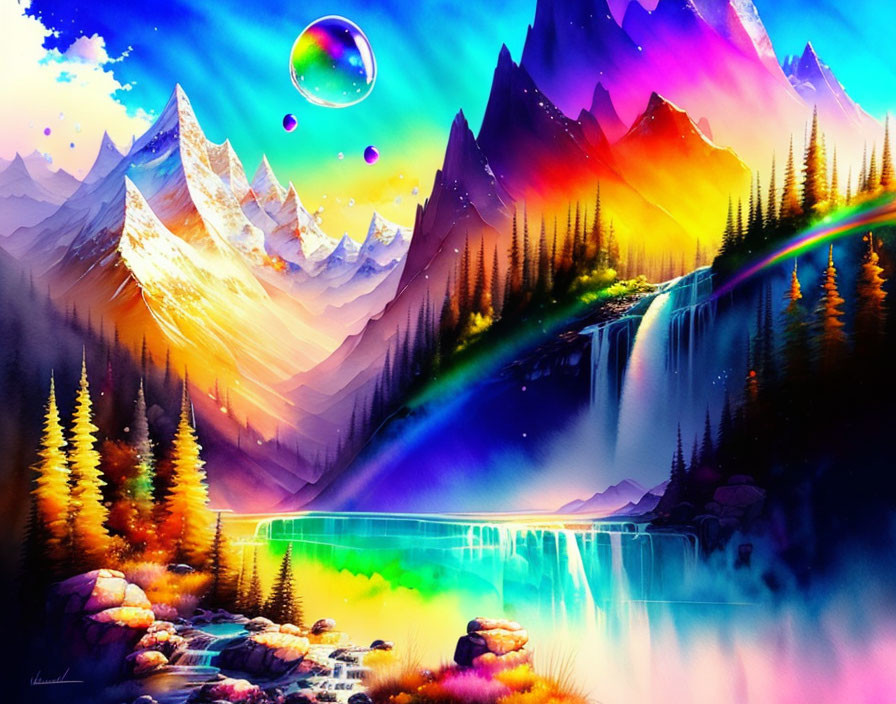 Colorful landscape with pointy mountains, cascade, rainbow, trees, and floating bubble