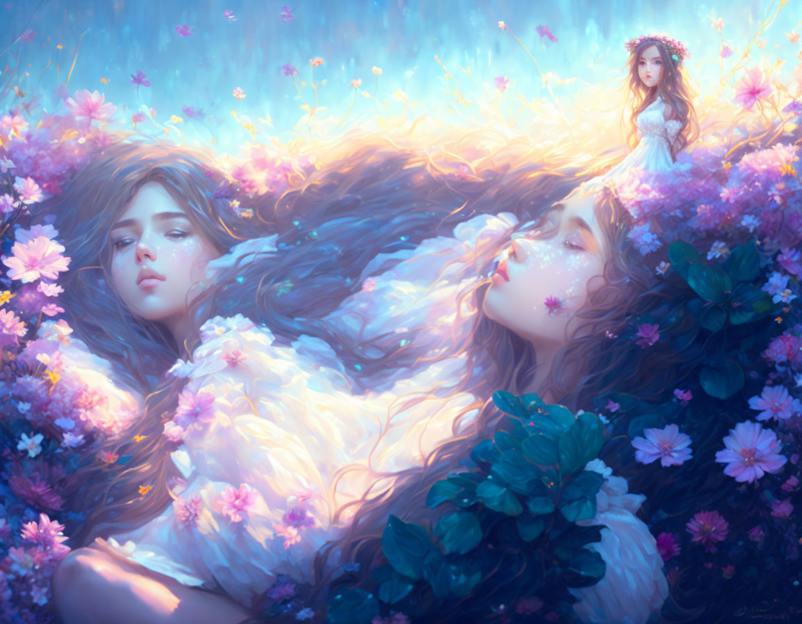 Ethereal women in vibrant flower sea: dreamy illustration