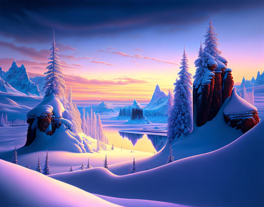 Snowy Winter Sunset: Purple Skies, Snow-Covered Trees, Mountains, and Icy