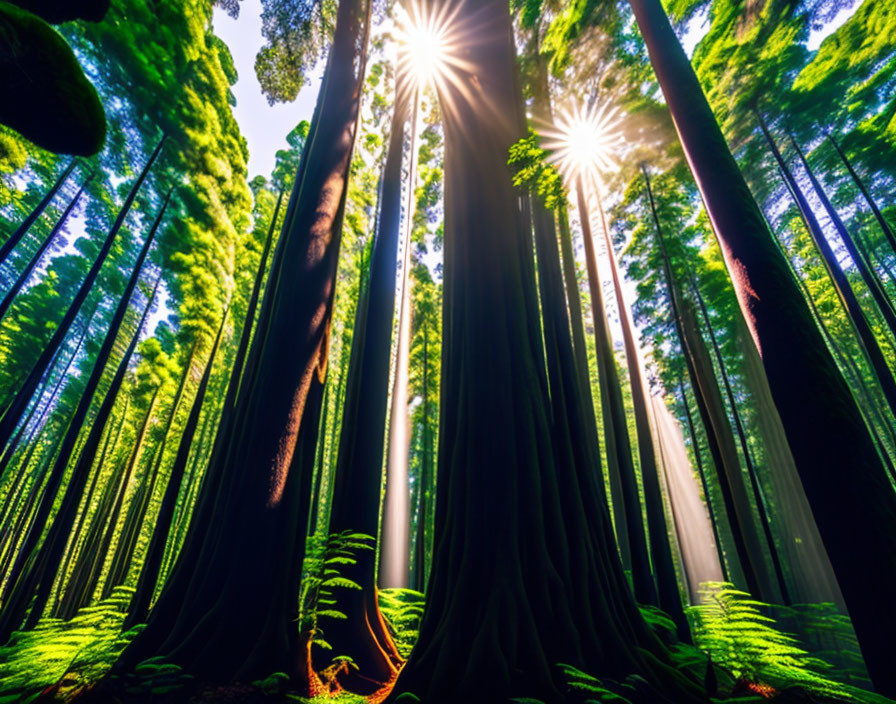 Sunlight through redwood trees in lush forest