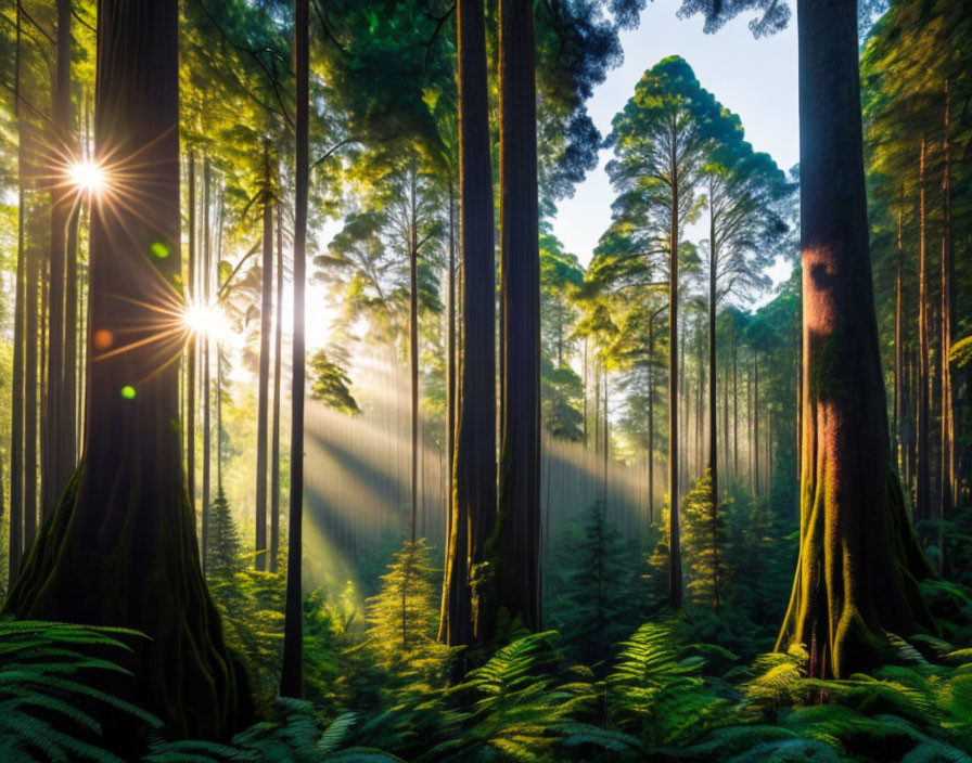 Forest with Sunlight Piercing Through Tall Trees