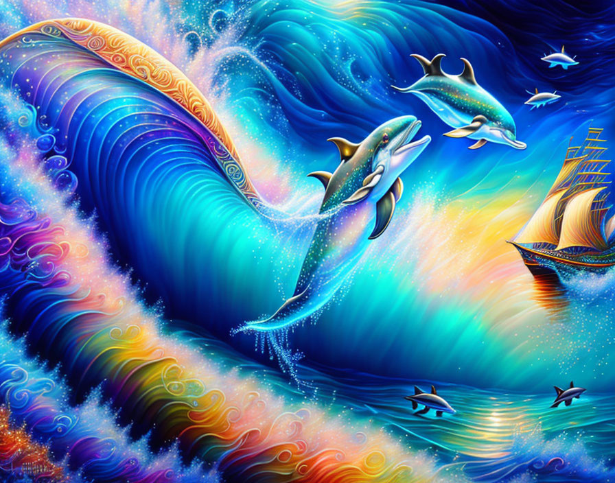 Surreal ocean scene with dolphins, ship, and swirling backdrop