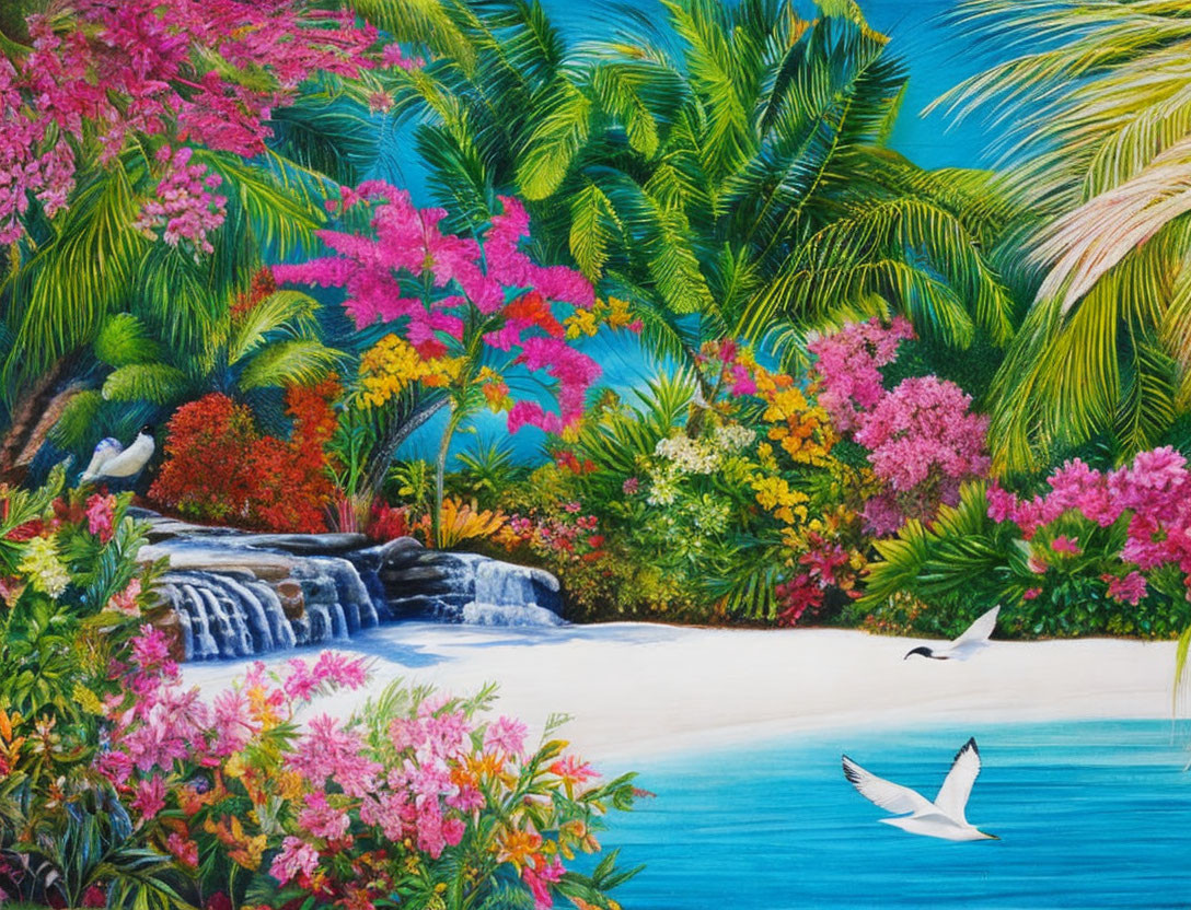 Tropical landscape with waterfall, lush flora, palm trees, and birds