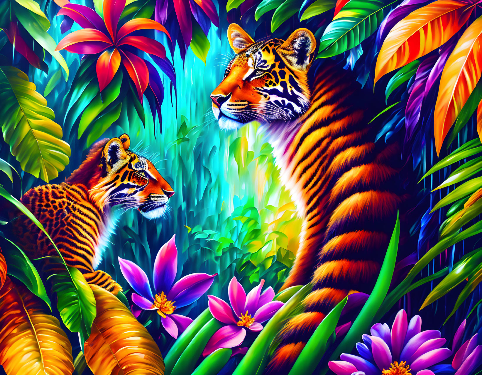 Colorful digital art: Two tigers in lush jungle with flowers