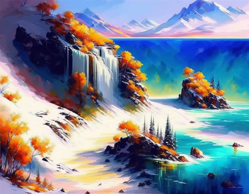 Scenic painting: Waterfall, autumn trees, snowy mountains, turquoise water