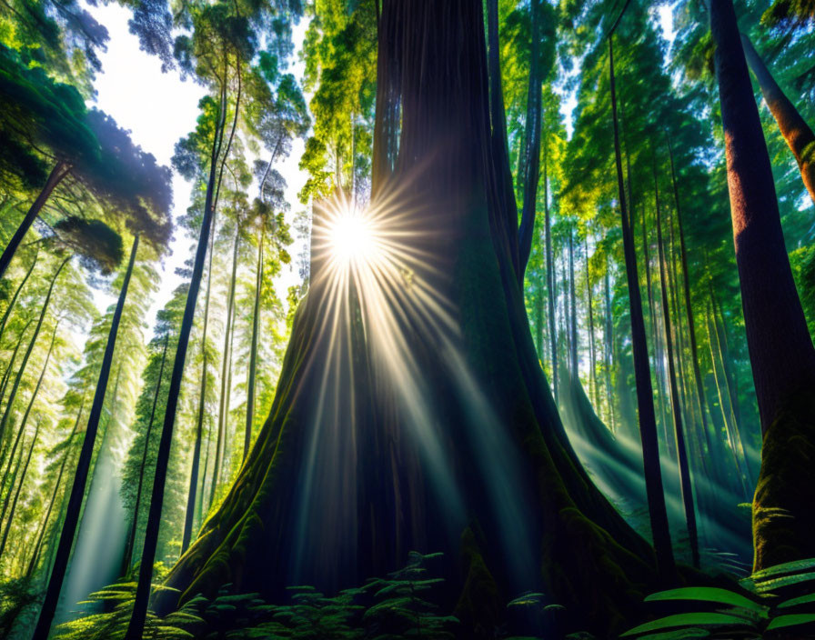 Forest sunlight filtering through dense canopy.