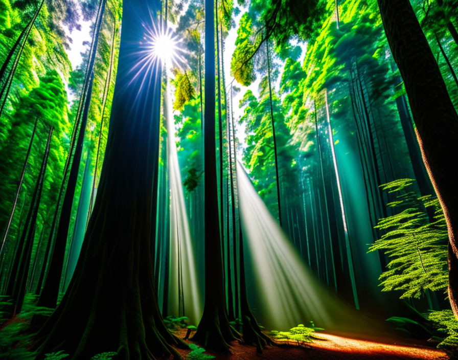 Dense Forest with Sunlight Streaming Through Trees