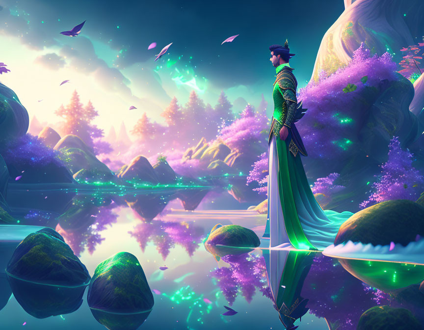 Regal figure in green robes by tranquil lake in fantastical landscape