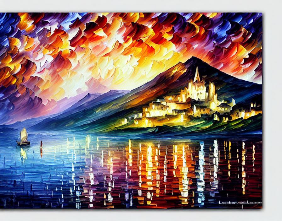 Colorful lakeside village painting with castle, boat, and fiery sky