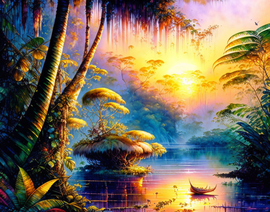 Serene jungle scene with river, lush foliage, and setting sun