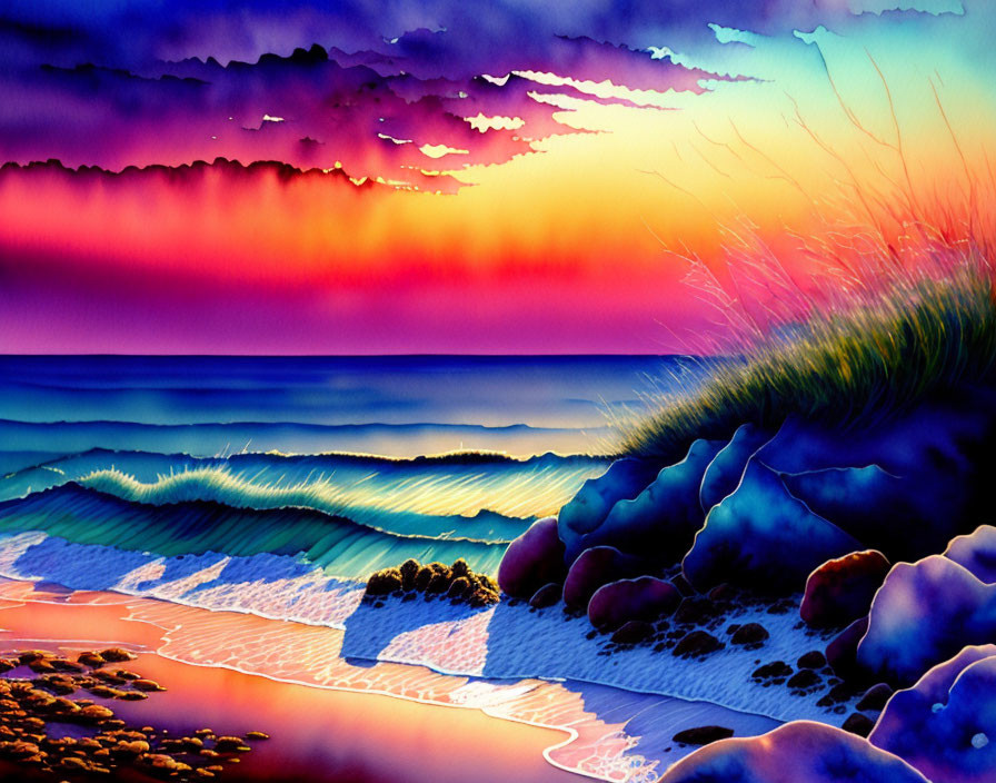 Colorful Sunset Beach Scene with Waves, Dunes, and Rocks