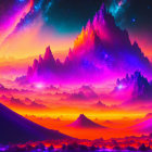 Neon-colored mountains under starry sky in fiery horizon