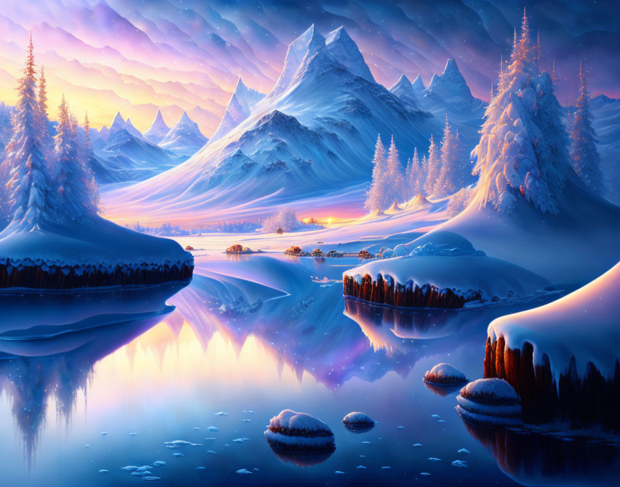 Snow-covered mountains, trees, and reflective lake in serene winter twilight