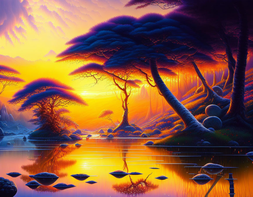 Vibrant purple trees, golden sunset, tranquil waters, and mysterious orbs in a fantastical landscape