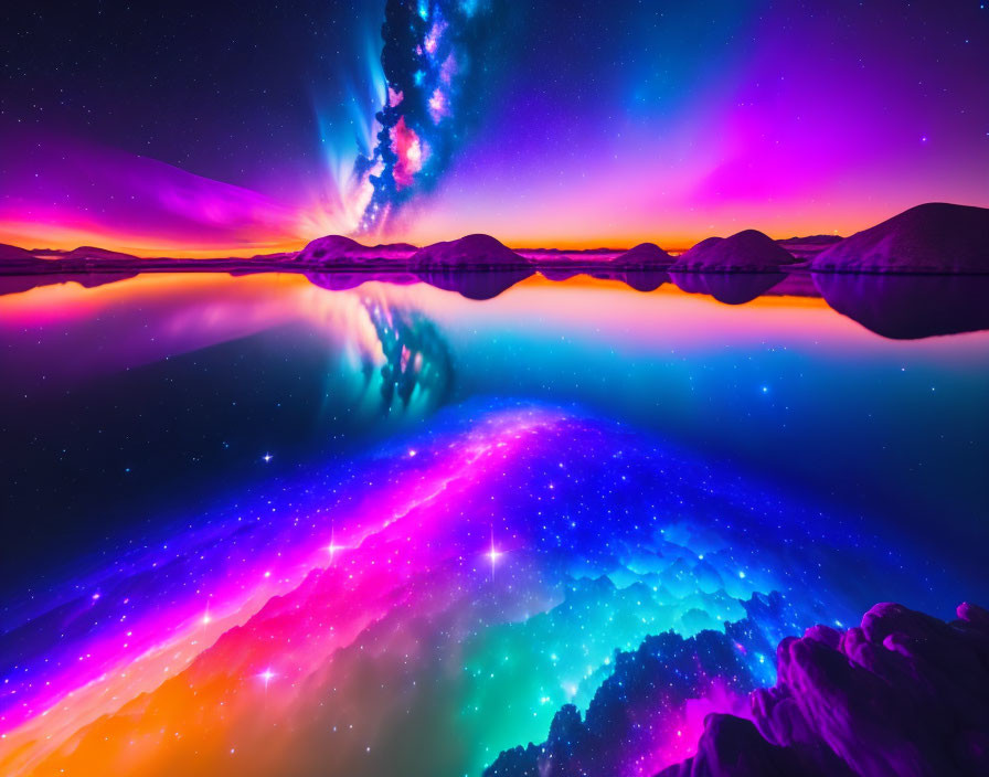 Scenic aurora borealis reflection on calm lake at night