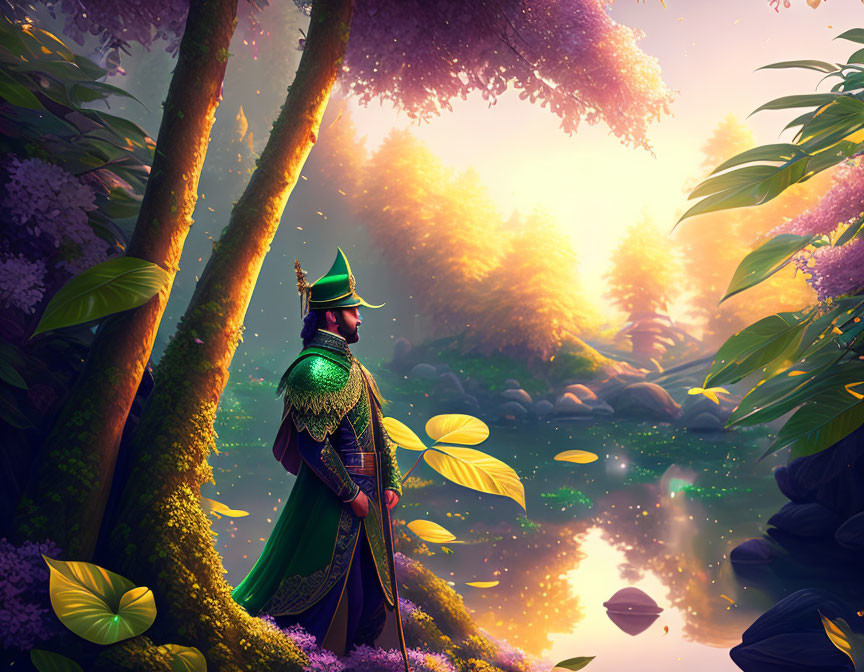 Regal figure in green and black armor in lush forest with blooming purple trees