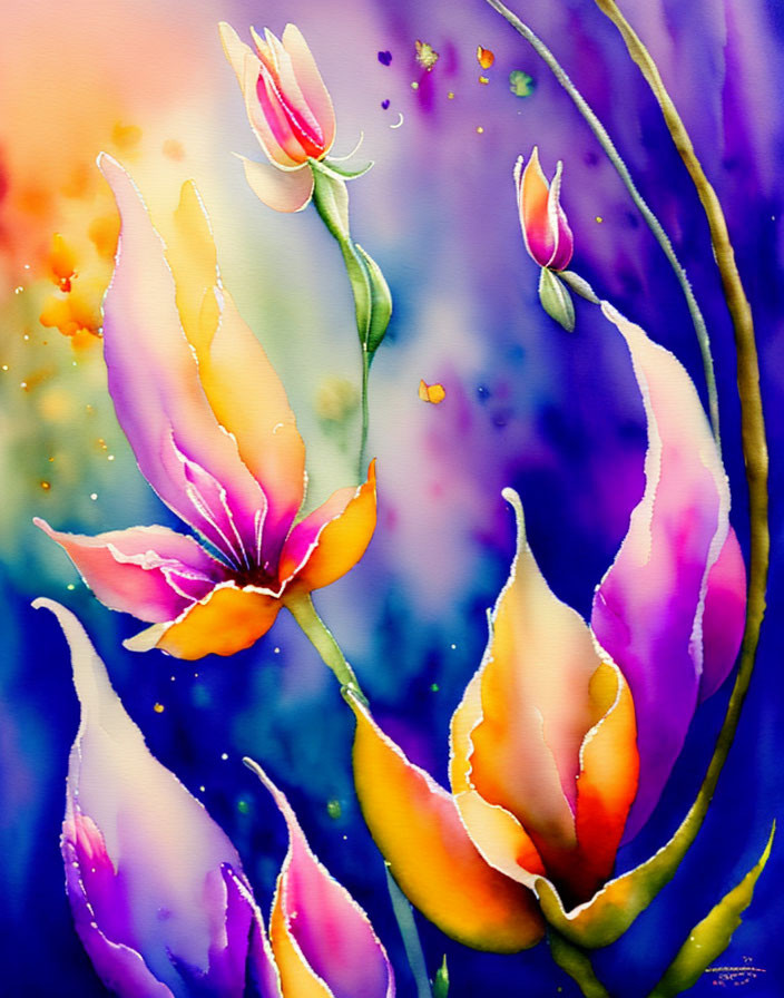 Colorful Watercolor Painting of Stylized Flowers in Purple, Orange, and Yellow