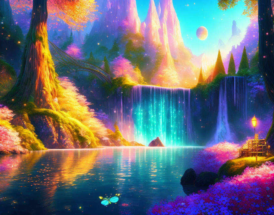 Colorful fantasy landscape with waterfalls, trees, lake, lanterns, butterfly, cliffs, and