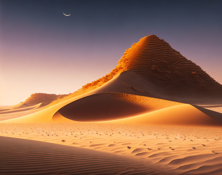 Tranquil twilight desert scene with sand dunes, ripple patterns, and crescent moon