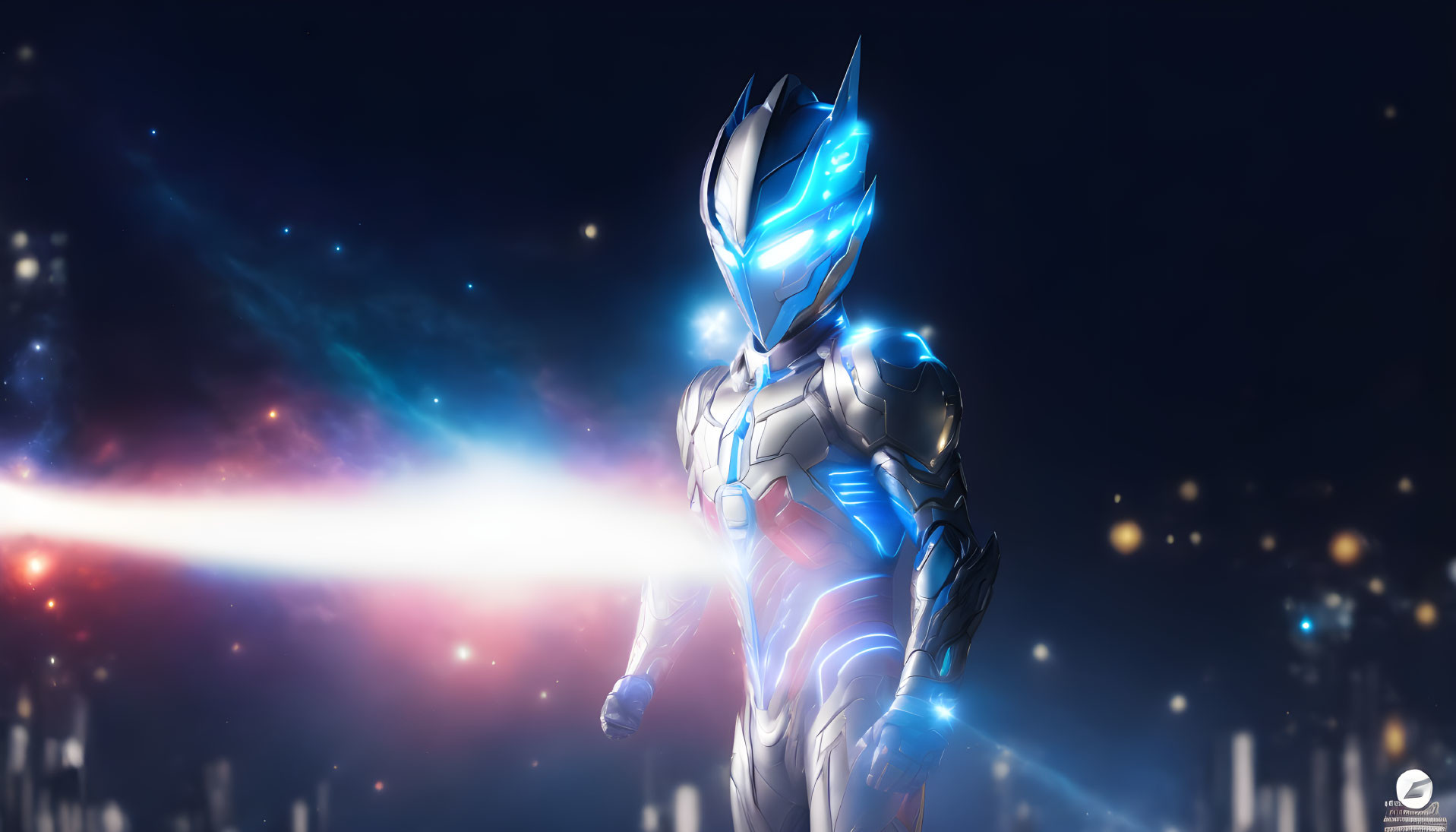 Armored figure with blue light on visor in cosmic cityscape.