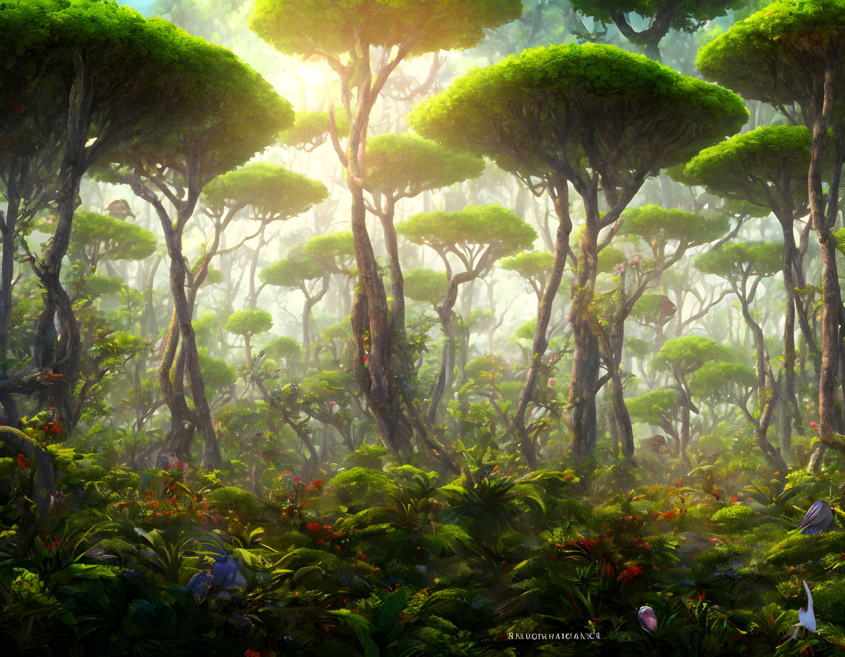 Sunlit lush forest with dense undergrowth and tall trees.