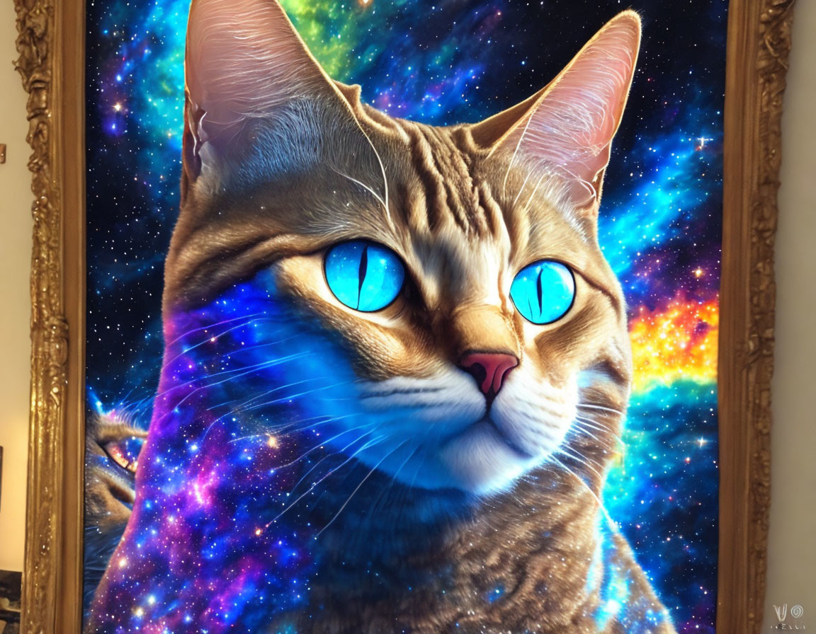 Tabby Cat with Blue Eyes on Cosmic Background in Golden Frame