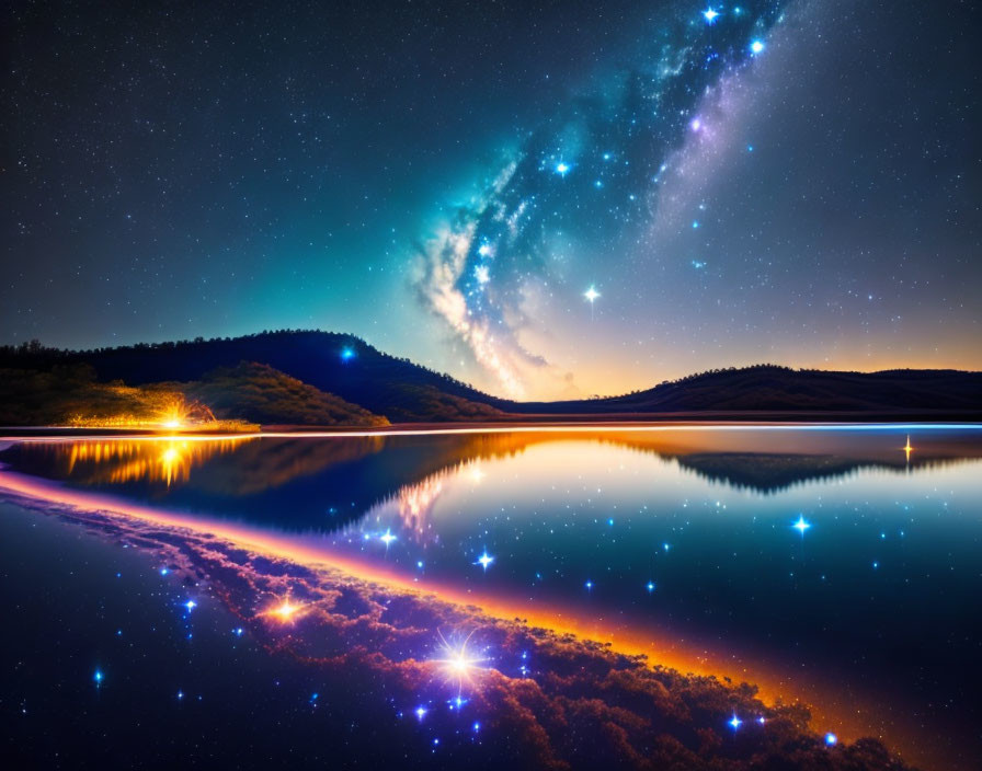 Starry night landscape with Milky Way reflected in lake