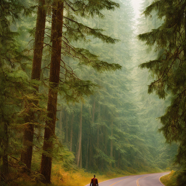 Person walking on curving road in misty forest among tall green trees