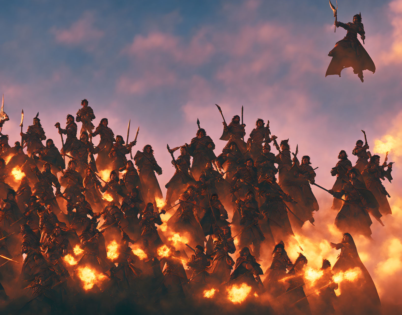 Fantasy warriors in armor with swords advancing through flames at dusk