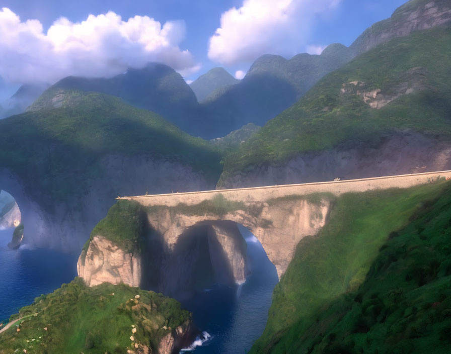 Scenic coastal road with bridge over blue sea and green mountains