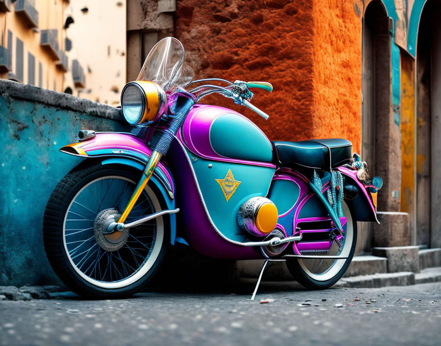 Vintage scooter parked on cobblestone street near warm-colored buildings