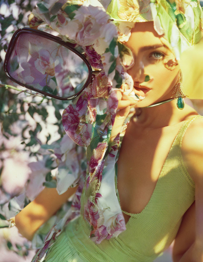 Woman in floral headpiece and yellow dress reflected in handheld mirror among blossoms