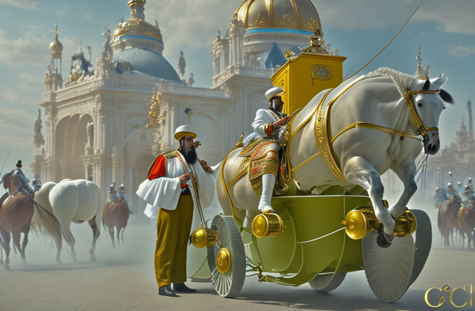 Golden Carriage Pulled by White Horses in Front of Classical Architecture