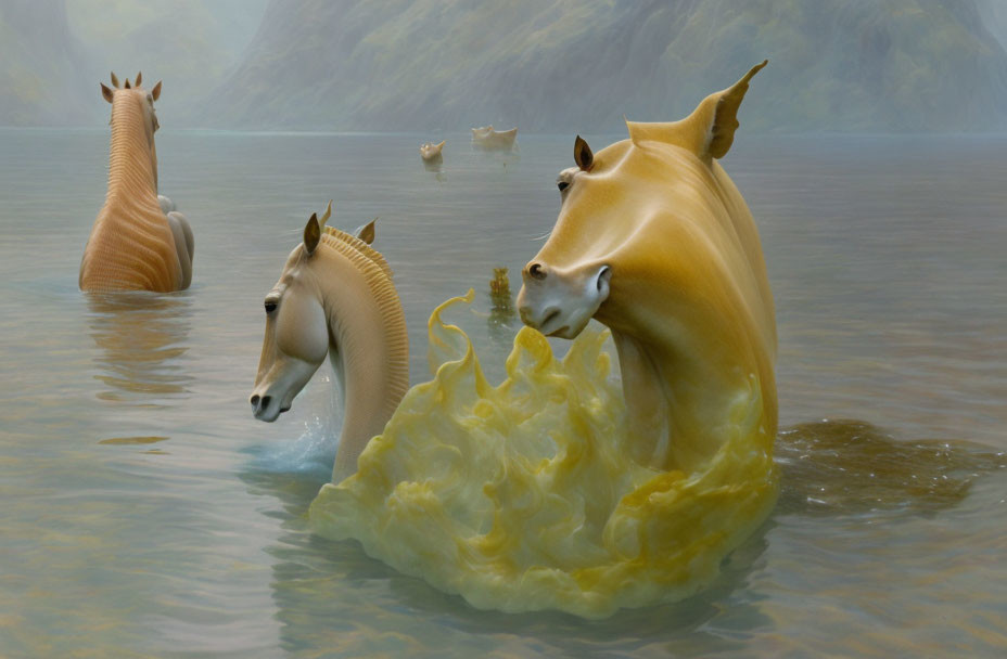 Surreal painting: Horse-like creatures with elongated necks in misty lake.