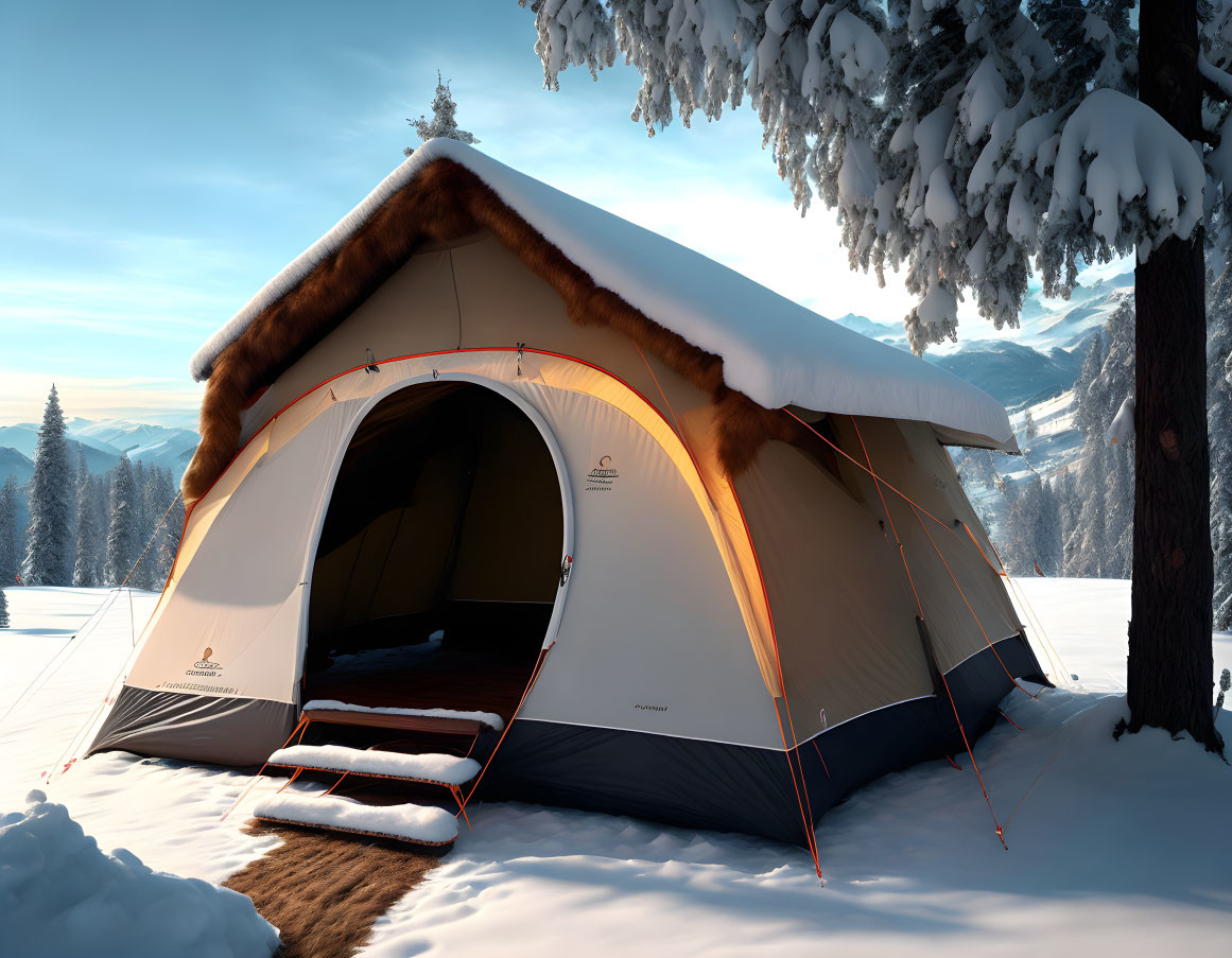 Snow-covered tent nestled among snowy trees with mountain backdrop