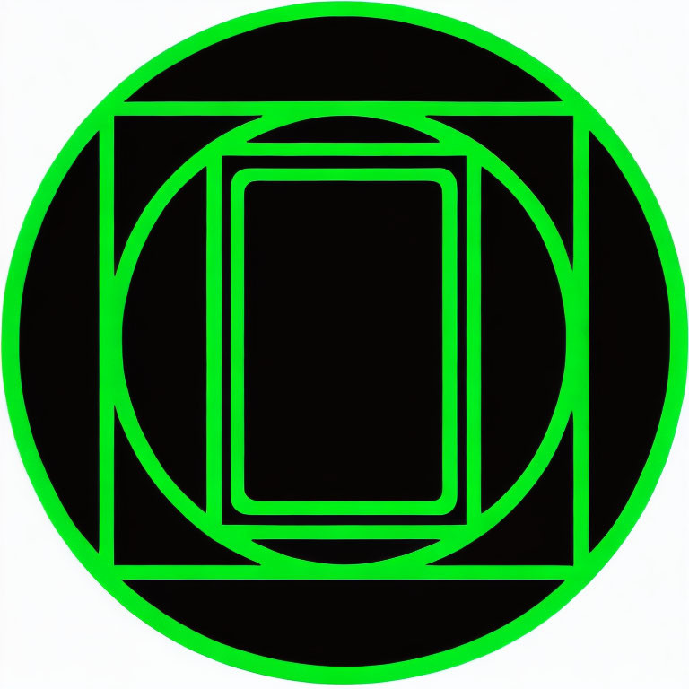 Green neon shapes transition from circle to square to rectangle on black background