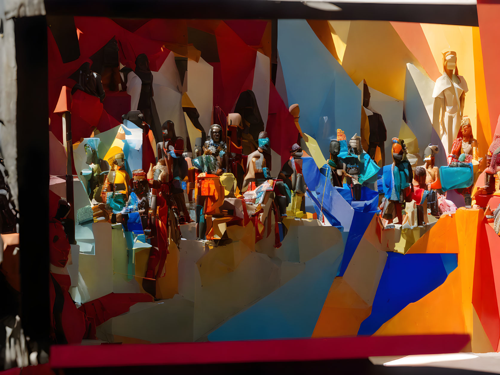 Vibrant abstract art installation with faceted shapes of a market scene