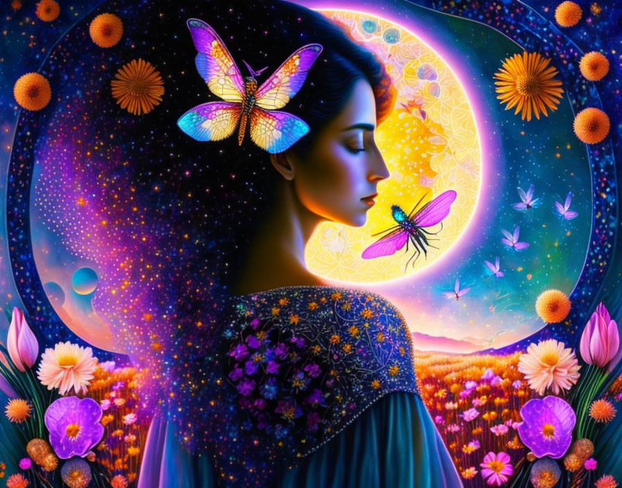 Digital artwork of woman in cosmic setting with butterflies, flowers, & celestial bodies.