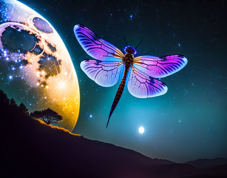 Colorful Dragonfly with Translucent Wings in Night Sky