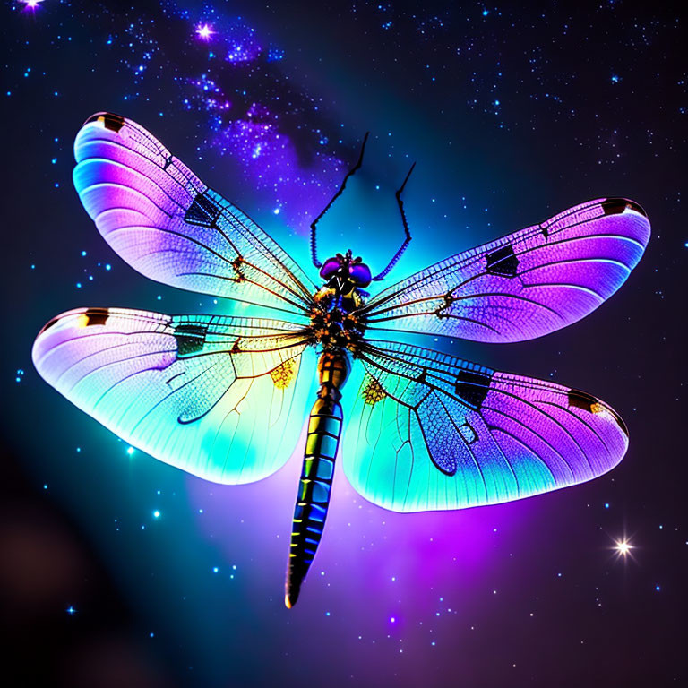 Colorful Dragonfly Illustration on Cosmic Starry Sky Background