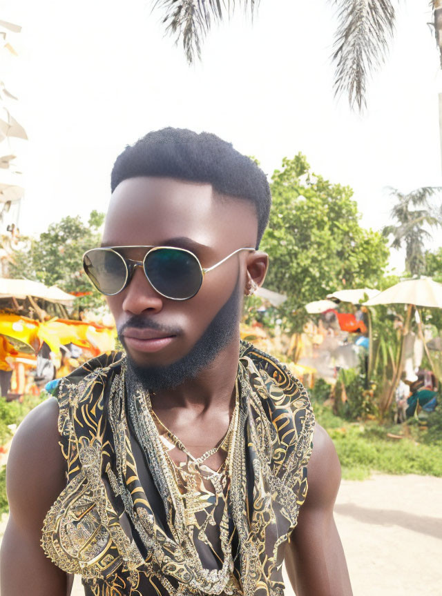 Fashionable man in sunglasses and patterned shirt outdoors with trees and colorful umbrellas.